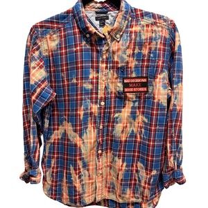 Tommy Hilfiger Blue and Red Plaid Shirt with Patch and Custom Reverse Dyed